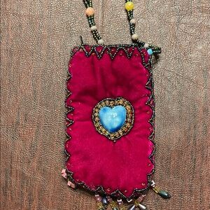 Beaded Pink Pouch with Blue Heart Accent